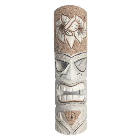 Koppes Carved White Wood Flowers Large Tiki Pole Mask With Beach Sand Wall Art Or Tabletop