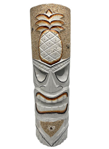 Koppes Carved White Wood Pineapple Large Tiki Pole Mask With Beach Sand Wall Art Or Tabletop