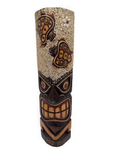 Koppes Carved Brown Wood Turtles Large Tiki Pole Mask With Beach Sand Wall Art Or Tabletop