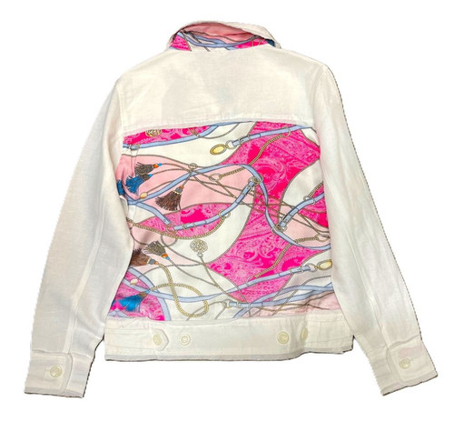 Tango Mango Nautical Print Back Frayed Edge White Linen Jacket