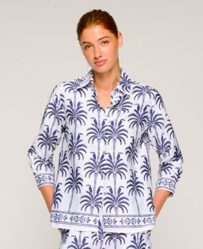 Vilagallo Navy Toucan On A Palm Tree White Long Sleeve Blouse