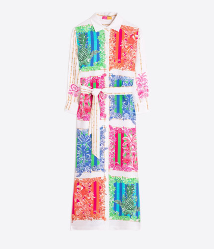 Vilagallo Bamboo Squares With Cabana Stripes Palm Trees Long Dress