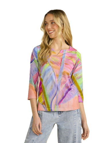FDJ Neon Palms Notch Neckline 3/4 Sleeve Top