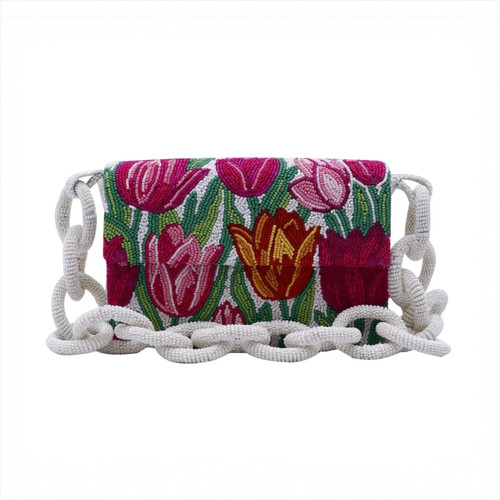 Tiana Designs Wildflower Tulips Beaded Chain Link Shoulder Strap Purse