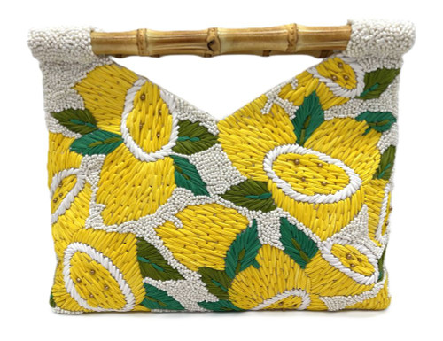 Tiana Designs Raffia Weaved Tangy Lemons Ivory Beaded Bamboo Handle Clutch Purse