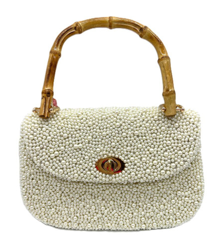 Tiana Designs Ivory Beaded Pearls Bamboo Top Handle Purse