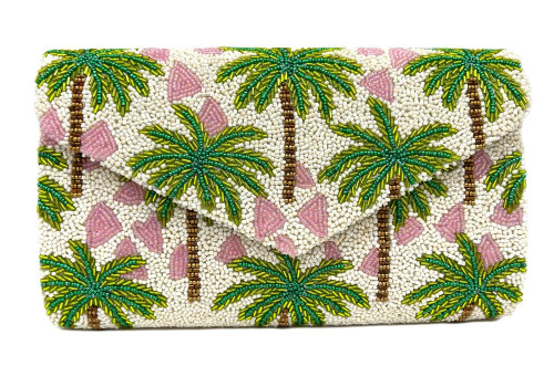 Tiana Designs Palm Trees Ivory Beaded Envelope Clutch Crossbody Purse