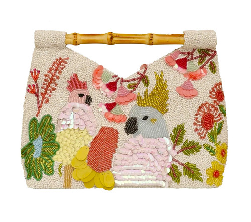 Tiana Designs 3D Sequin Cockatoo Birds Ivory Beaded Bamboo Handle Clutch Purse