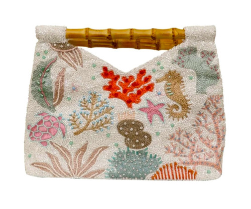 Tiana Designs Sea Life Ivory Beaded Bamboo Handle Clutch Purse