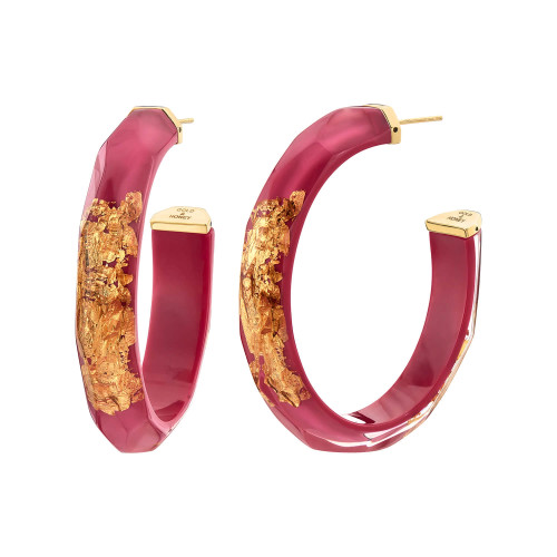 Gold & Honey 24kt Gold or Silver Leaf Faceted Large Lucite Oval Hoop Earrings hot pink gold