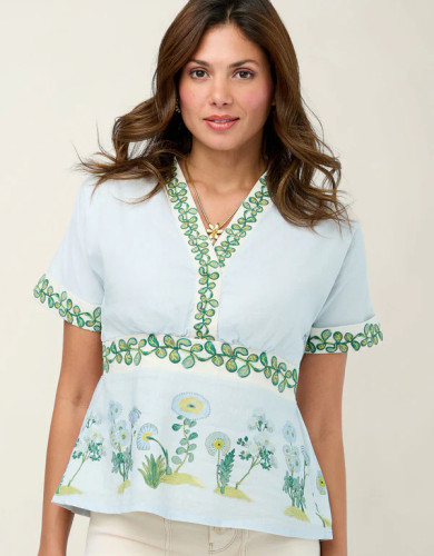 Spartina 449 Flagler Blue Floral Sprigs Natalee Short Sleeve Blouse