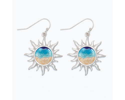 Periwinkle Silver Sun Beach Scene Dangle Wire Earrings