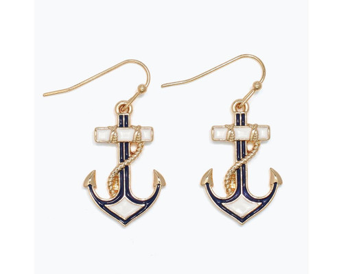 Periwinkle Navy White Enamel Anchors Gold Wire Earrings