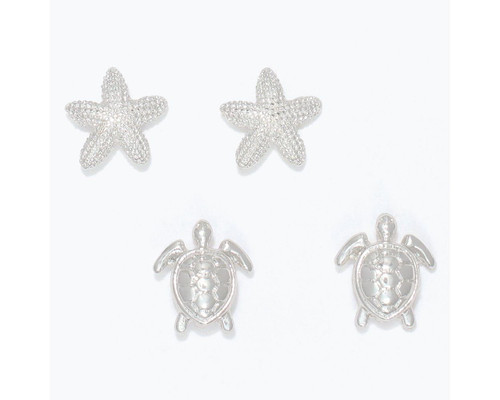 Periwinkle Silver Starfish & Turtles Duo Stud Earrings Set
