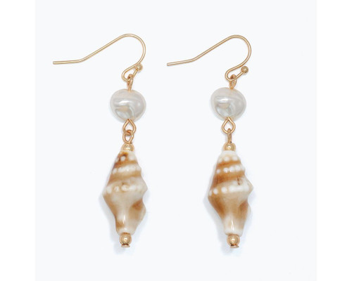 Periwinkle Sandy Ceramic Conch Shells Pearl Dangle Wire Earrings