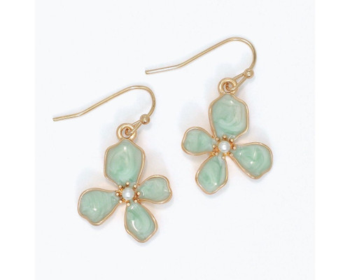 Periwinkle Mint Green Enamel Flowers with Pearls Gold Dangle Earrings