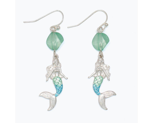 Periwinkle Green Bead Silver Turquoise Dangle Mermaid Earrings