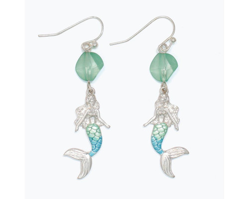 Periwinkle Green Bead Silver Turquoise Dangle Mermaid Earrings