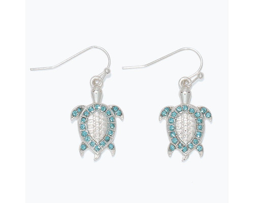 Periwinkle Turtle With Aqua Marine Crystals Silver Earrings