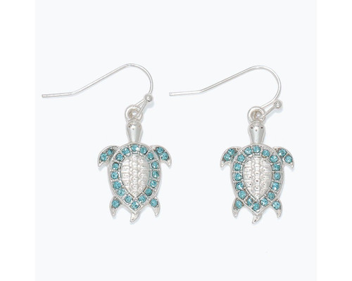 Periwinkle Turtle With Aqua Marine Crystals Silver Earrings