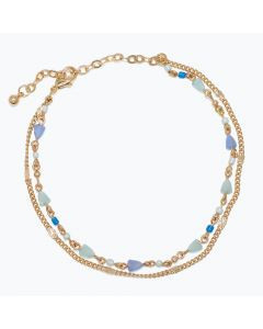 Periwinkle Blue Green Glass and Gold Chain 2 Row Anklet