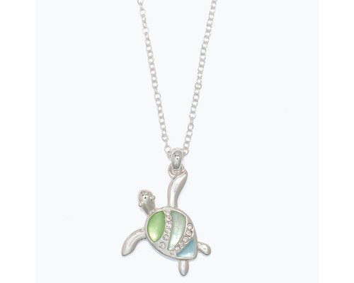 Periwinkle Silver Turtle with Shades of Green Clear Crystals Silver Chain Necklace