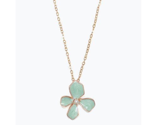 Periwinkle Mint Green Enameled Flower Pearl Pendant Gold Chain Necklace