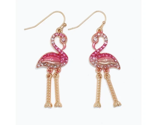 Periwinkle Pink Crystal Dangle Flamingo Gold Earrings