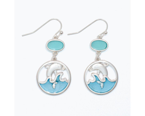 Periwinkle Silver Leaping Dolphin with Aqua Resin Dangle Earrings