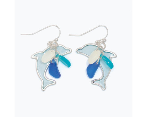 Periwinkle Blue Resin and Sea Glass Dolphin Dangle Earrings