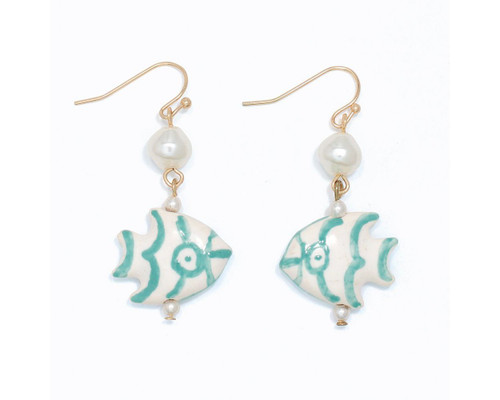 Periwinkle White Ceramic Teal Striped Fish with Pearls Tropical Fish Earrings