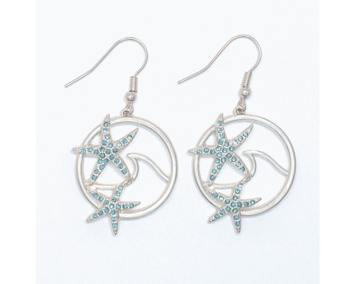 Periwinkle Silver Wave Aqua Crystal Starfish Dangle Circle Earrings