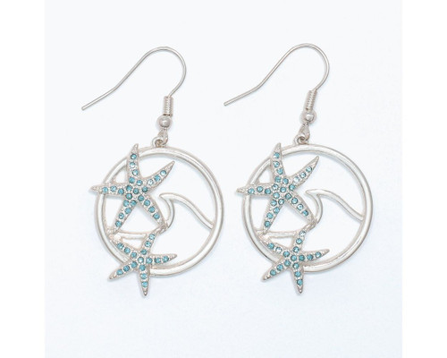 Periwinkle Silver Wave Aqua Crystal Starfish Dangle Circle Earrings