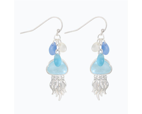 Periwinkle Green Sea Glass Jellyfish Silver Dangle Earrings