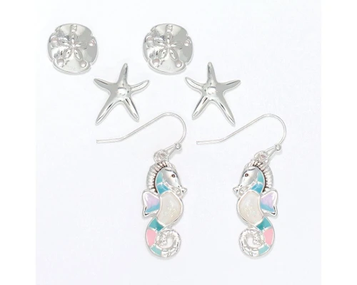 Periwinkle Enamel Seahorse Silver Sealife Trio Stud and Wire Earrings Set
