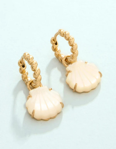 Spartina 449 Carved Mother Of Pearl Scallop Shell Gold Hoop Convertible Earrings