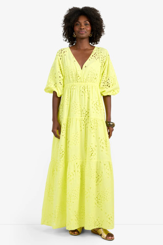 Trina Turk Arco Iris Citrus Pineapple Patterned Eyelet Ruffle Skirt Maxi Dress