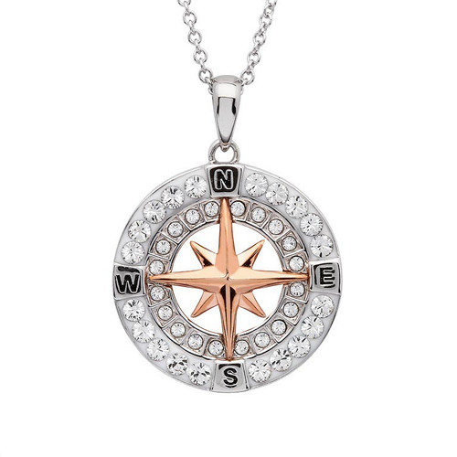 Ocean Jewelry Crystal & Ross Gold Compass Pendant Silver Necklace
