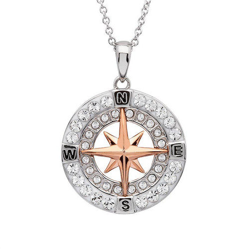 Ocean Jewelry Crystal & Ross Gold Compass Pendant Silver Necklace