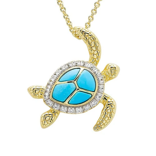 Ocean Jewelry Turquoise & White Sapphires Turtle 14KT Vermeil Gold Necklace