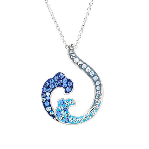 Ocean Jewelry Two-Tone Blue Crystal Contemporary Wave Pendant Silver Necklace