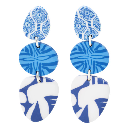Jilzarah Santorini Blue Triple Patterned Bezel Peacock Dangle Earrings