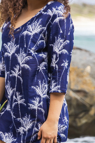 Palm Island Tree Cotton Beach Tunic Coverup west indies Navy