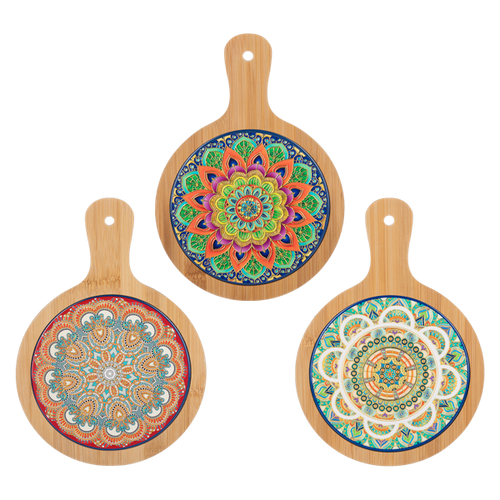 Ganz Mediterranean Ceramic Mandala Wood Trivet With Handle