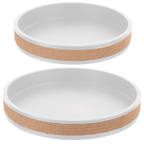 Ganz Woven Jute Trim White Wood Round Tray Set of 2