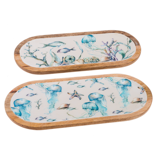 Ganz Under The Sea Enamel & Wood Oval Serving Tray Set of 2