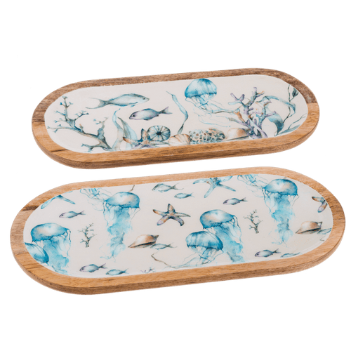 Ganz Under The Sea Enamel & Wood Oval Serving Tray Set of 2
