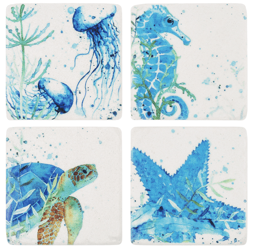 Ganz Blue Watercolor Sea Life Stone Coasters Set of 4