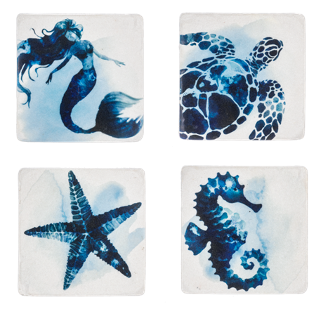 Ganz Dark Blue Watercolor Sea Life Stone Coasters Set of 4