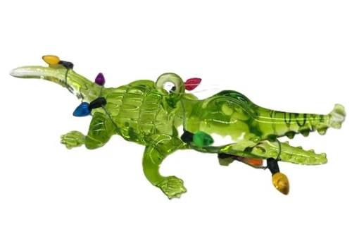 Gallerie II Green Glass Gator Wrapped In Christmas Tree Lights Ornament